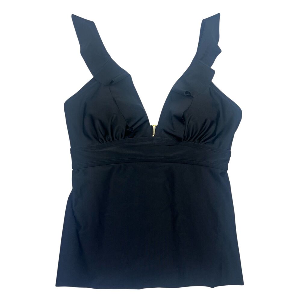 Kona Sol Black Ruffle V Neck Tankini Top Size S Classic Elegant‎ Swimwear Adjust